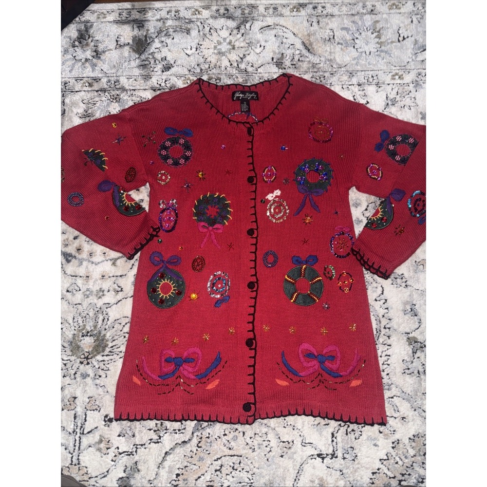 VTG Gladys Bagley Christmas Cardigan Knit SWEATER 1X Beads Rhinestone Embroidery